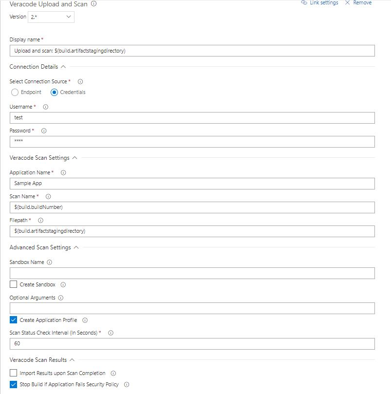 Veracode Main UI with sample inputs